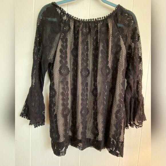 GNW Blouse Women’s Medium Black Lace Overlay Bell Sleeves Whimsigoth Fairy Witch - Picture 2 of 7